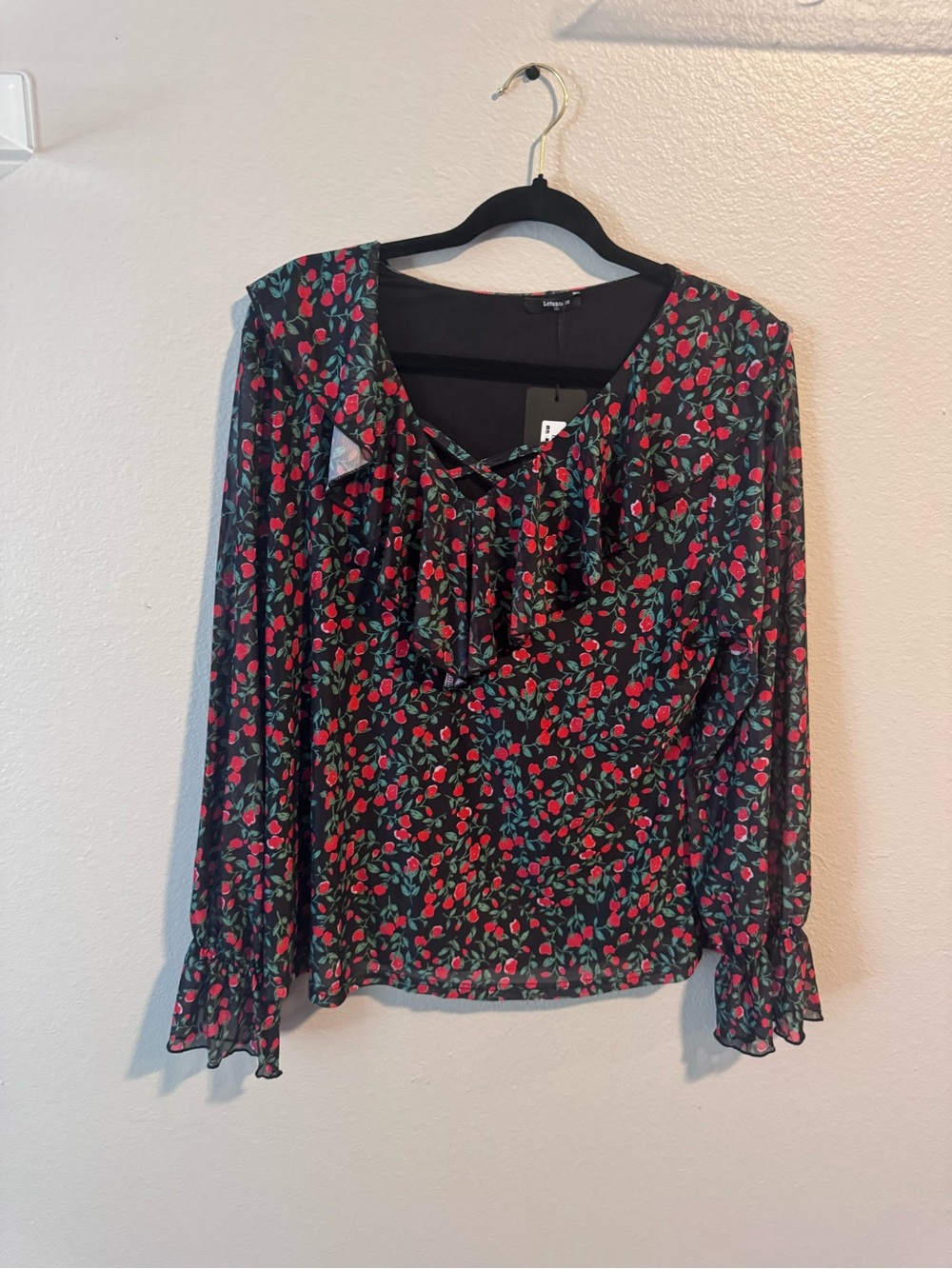 Sheer Floral Ruffle Neck Blouse - Black with Red Floral